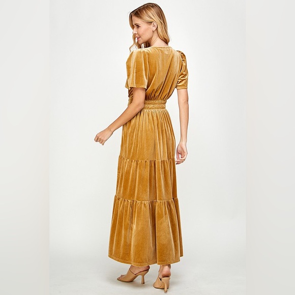New Gold Velvet Maxi Dress Short Sleeve Formal V-Neck Holiday Gown - Picture 4 of 5